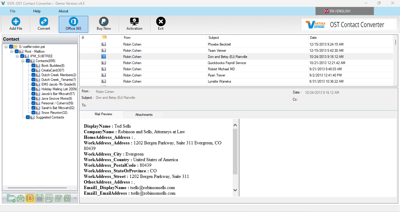 Showing Outlook OST Contact List and Contact Preview