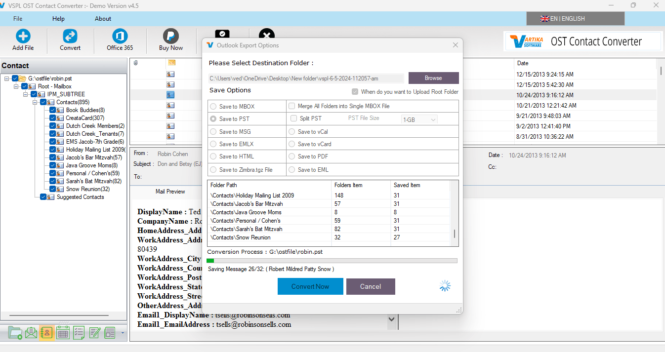 Export Options :  Export OST Contact Items into PST/MSG/Office365 and vCard